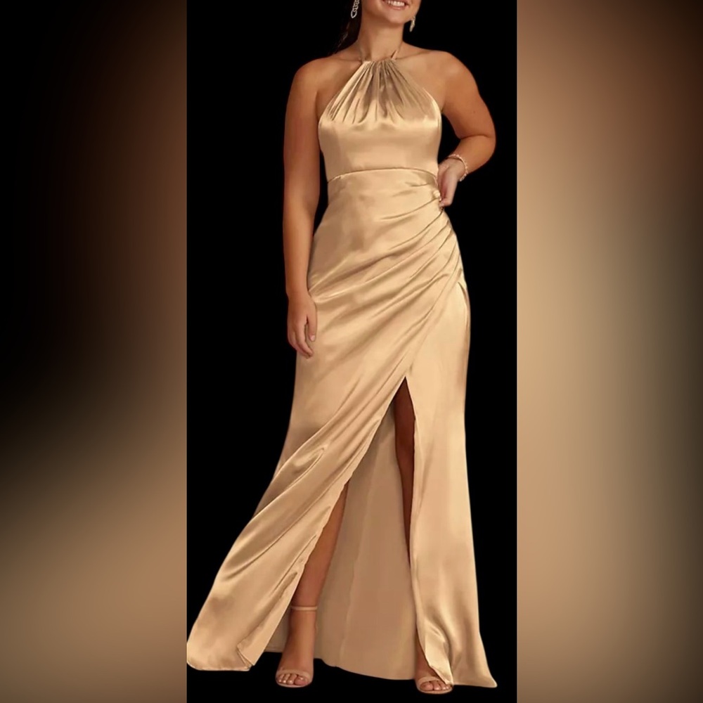 David's Bridal Galina Signature Halter Formal Dress. Ruched. Long. Champagne. 8